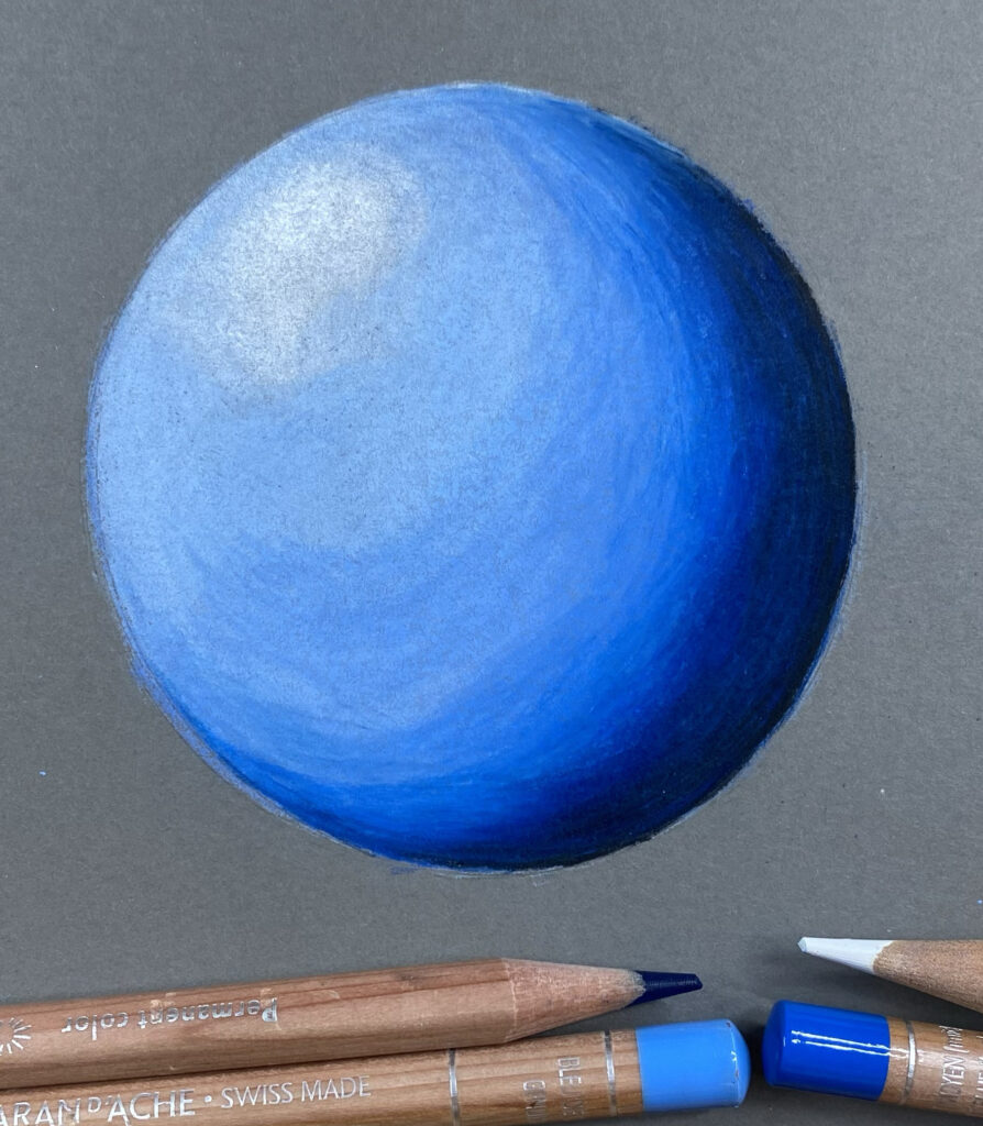 Blue Sphere colored pencil tutorial, colored pencil realistic drawing, colored pencil tips and techniques, Molly's Fine Art